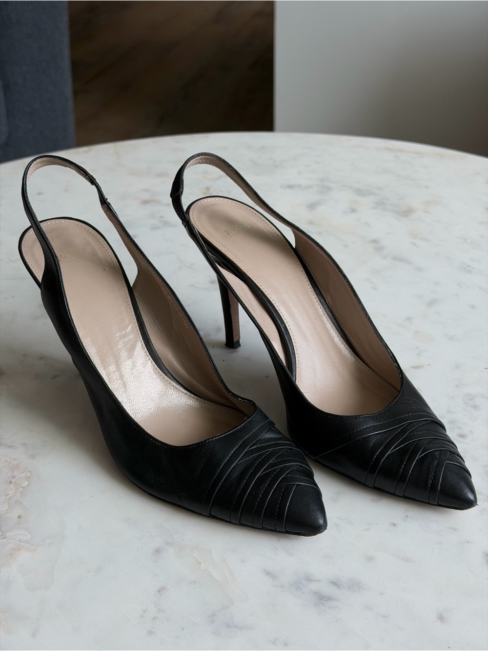 BOSS Hugo Boss Black Leather Criss Cross Pointed Toe Slingback Heels 39